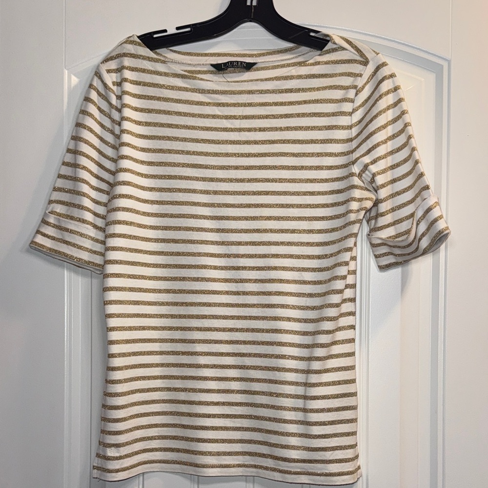 Womans Ralph Lauren Gold and White Striped Tee